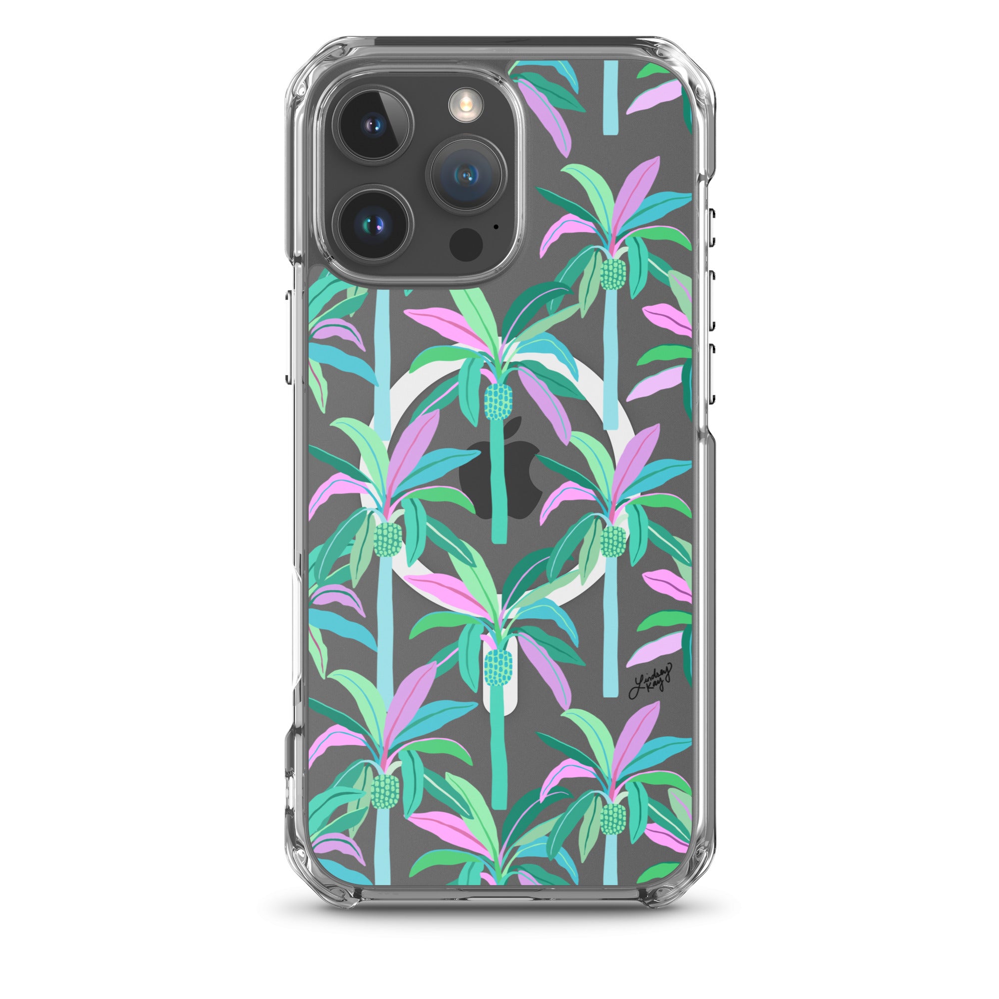 Colorful hand-drawn tropical palm tree phone case with mint, teal, blue, lilac and purple leaves on a dark background – fun, girly, vibrant design by Lindsey Kay Collective
